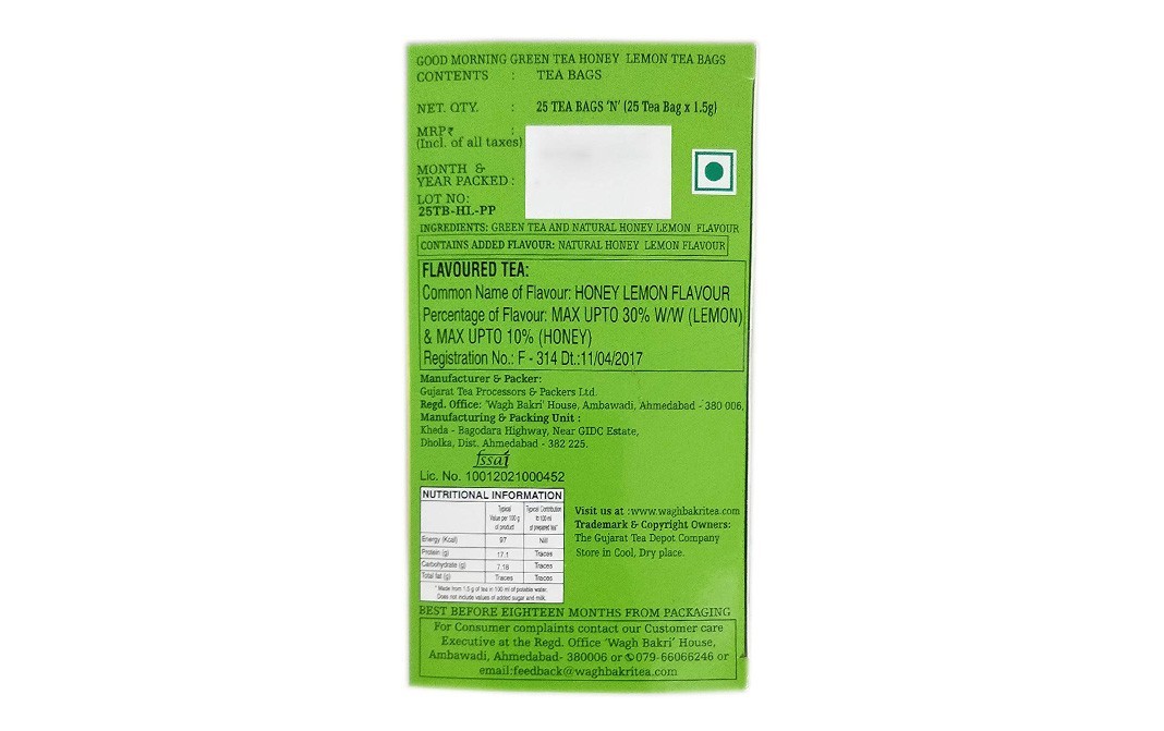 Wagh Bakri Good Morning Green Tea, Honey Lemon   Box  25 pcs